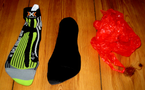 Cardboard and plastic bag in sock